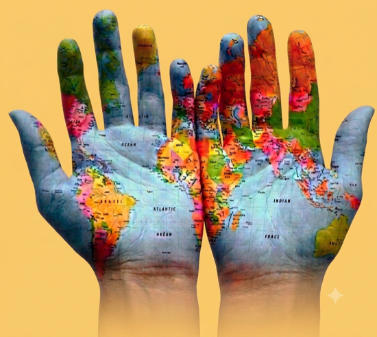 Hands holding a world map — global homeopathy care reaching patients worldwide
